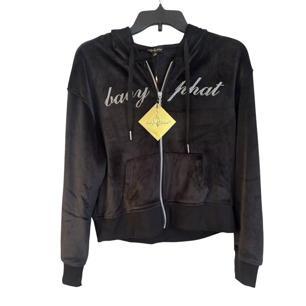 NWT Baby Phat Rhinestone Hooded Long Sleeve Zip Up Jacket M Y2K Cropped Velour